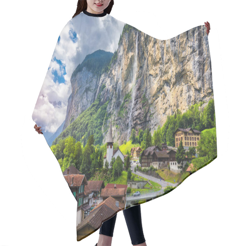 Personality  Amazing Summer Landscape Of Touristic Alpine Village Lauterbrunnen With Famous Church And Staubbach Waterfall. Location: Lauterbrunnen Village, Berner Oberland, Switzerland, Europe. Hair Cutting Cape