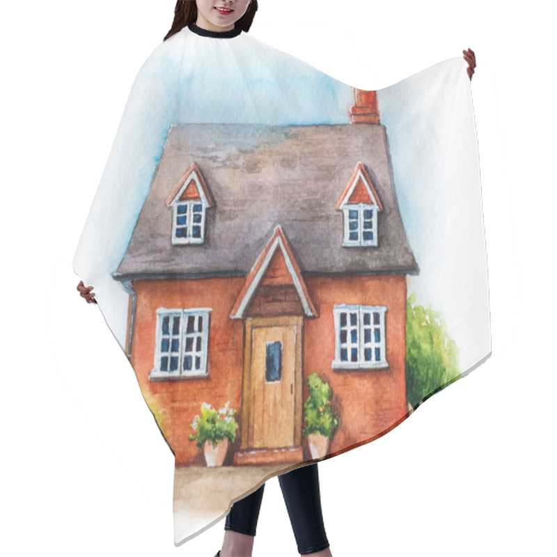 Personality  Watercolor Illustration Of Traditional English House Isolated On White Background. Hand Drawn Cozy Village House With Plants And Sky  Hair Cutting Cape