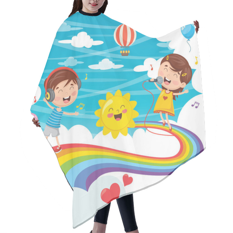 Personality  Vector Illustration Of Kids Jumping On Rainbow Hair Cutting Cape