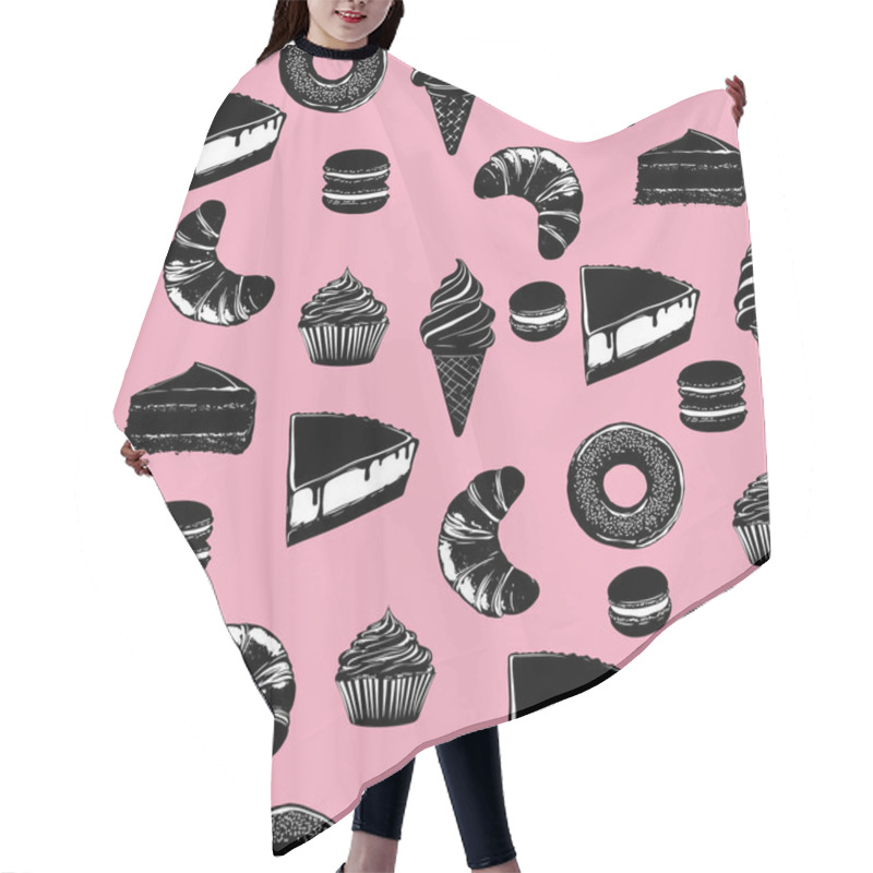 Personality  Seamless Pattern Of Desserts On Pink Background. Black And White Pastry Illustration With Pink. Stylish Food Illustration With Sweets And Pastries Hair Cutting Cape