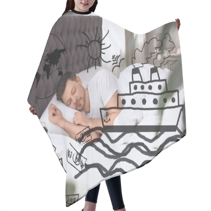 Personality  Sweet Dreams. Man Sleeping In Bed. Ship, Money And Other Illustrations On Foreground Hair Cutting Cape