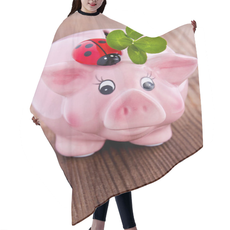 Personality  Pink Lucky Pig With Lucky Clover On A Wooden Backgurd Hair Cutting Cape