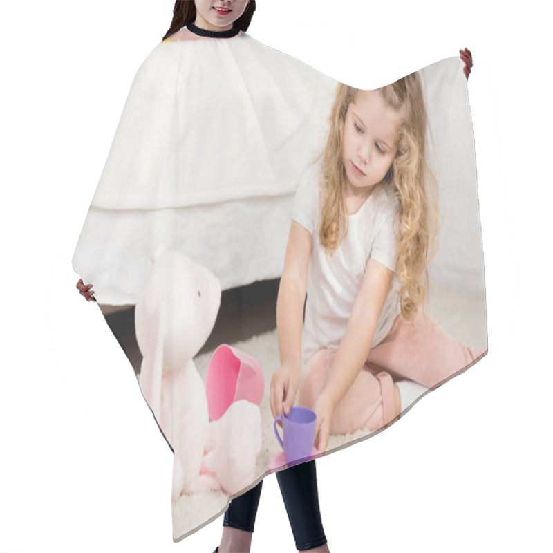 Personality  Adorable Child Playing With Rabbit Toy And Plastic Cups In Children Room Hair Cutting Cape