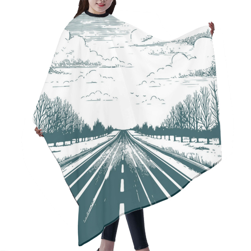 Personality  Winter Highway Through Forest Avenue Woodcut Style Illustration Hair Cutting Cape