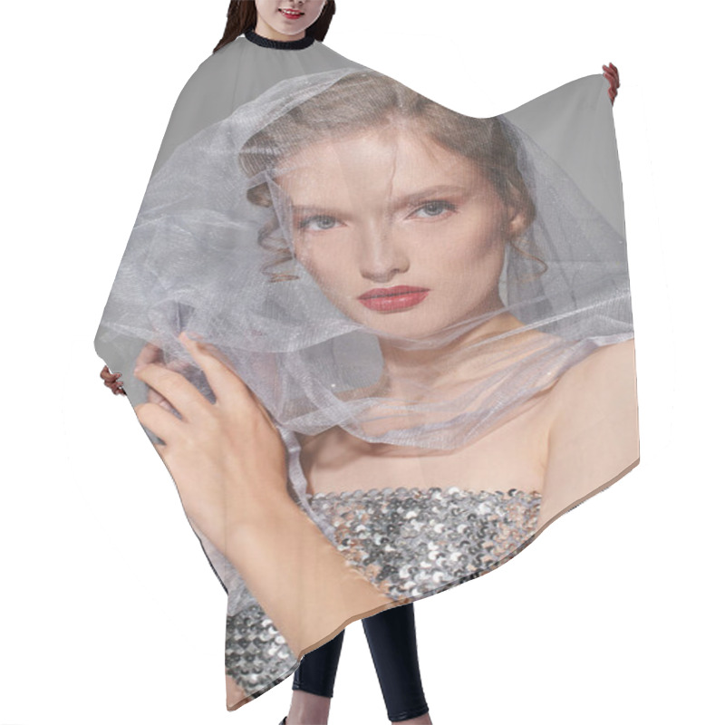 Personality  A Young Woman Exudes Classic Beauty, Posing In A Studio With A Graceful Veil Atop Her Head. Hair Cutting Cape