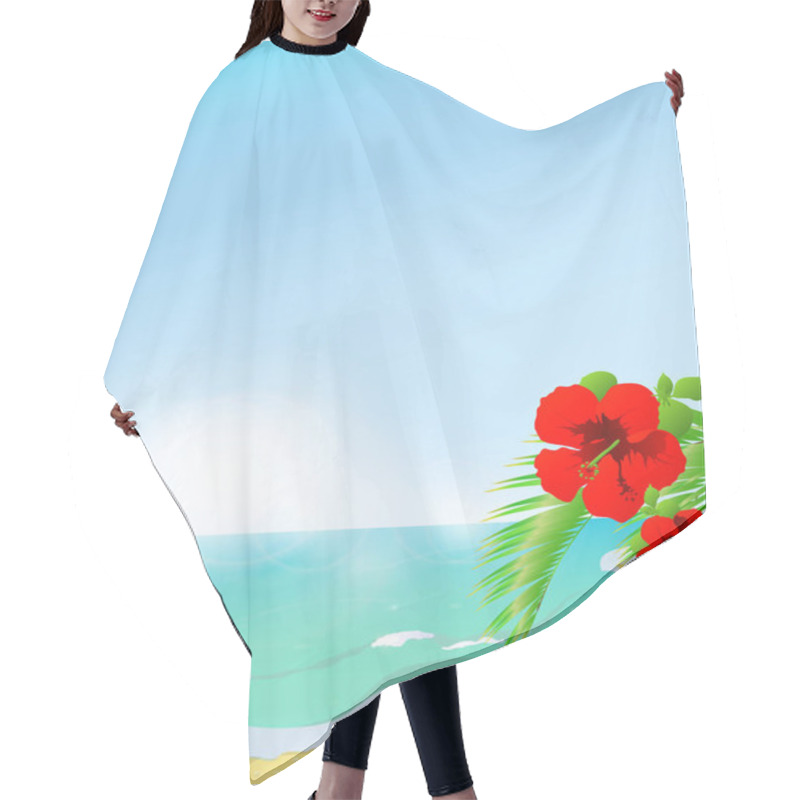 Personality  Colorful Vector Illustration Of Summer Beach With Blossoming Palm Branch Under Blue Sky  Hair Cutting Cape