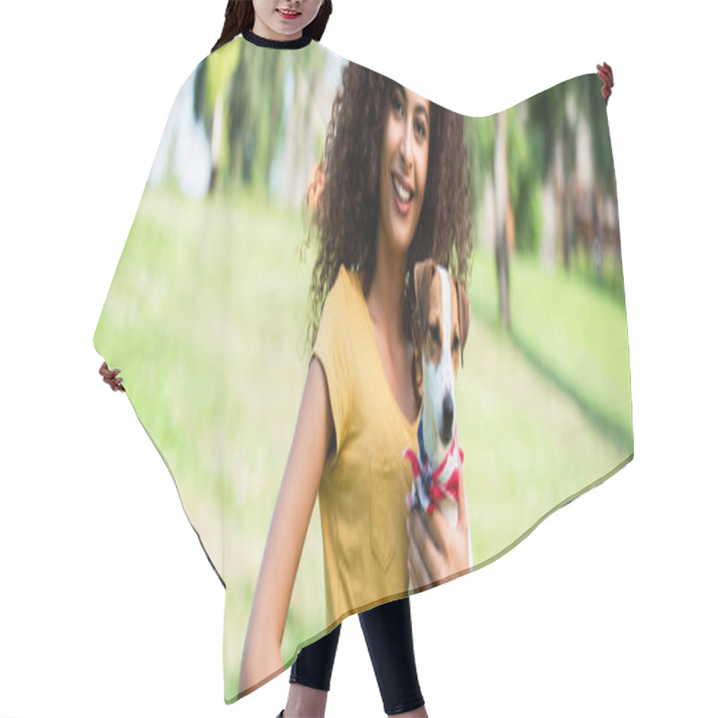 Personality  Horizontal Crop Of Joyful, Curly Woman Looking At Camera While Holding Jack Russell Terrier Dog Hair Cutting Cape