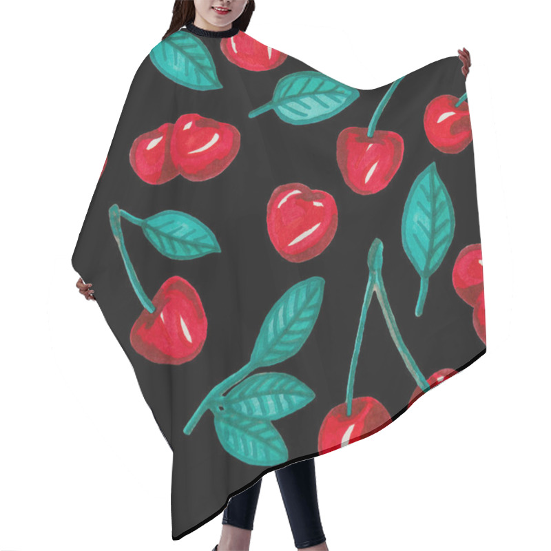 Personality  Red Cherries And Leaf On Black Background, Seamless Pattern With Hand Drawn Fruits Hair Cutting Cape