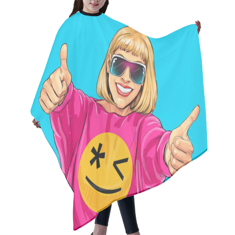 Personality  Smiling Woman In Glasses Showing Like Sign. Pop Art Young Happy Smiling  Girl  Or Teenager Cartoon Character Showing Thumbs Up. Success And Goal Achievement Facial Expression Hair Cutting Cape