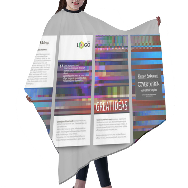 Personality  Flyers Set, Modern Banners. Business Templates. Cover Design Template, Abstract Vector Layouts. Glitched Background Made Of Colorful Pixel Mosaic. Digital Decay, Signal Error. Trendy Glitch Backdrop. Hair Cutting Cape