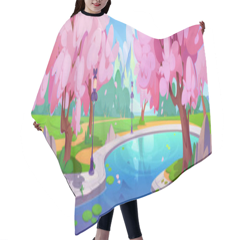 Personality  City Park With Pond And Pink Flowering Sakura Trees. Cartoon Spring Vector Illustration Of Japanese Cherry Woods On Banks Of Lake Or River With Stone Pavement And Lamps. Urban Garden With Blossom. Hair Cutting Cape