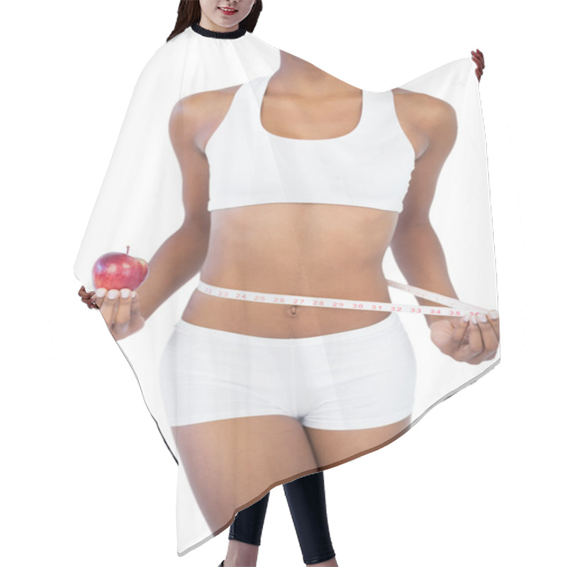 Personality  Woman Holding Apple And Measuring Her Waist Hair Cutting Cape