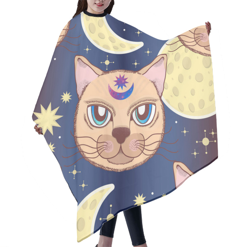 Personality  Vector Pattern With A Cat, Moon, Stars. Magical And Fairy. Suitable For Postcards, Printing, Posters, Textiles. Hair Cutting Cape