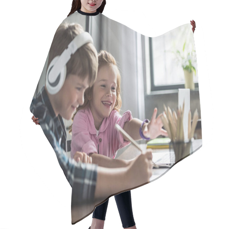 Personality  Side View Of Little Schoolboy Drawing While His Smiling Sister Trying To Reach For Pencils Hair Cutting Cape