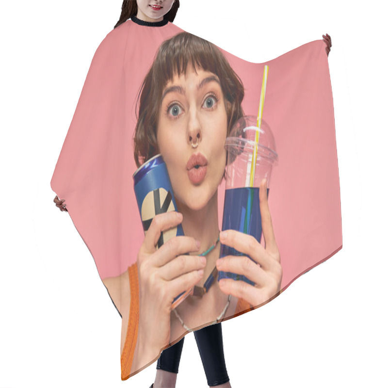 Personality  Amazed Young Woman With Short Brunette Hair And Piercing Holding Summer Drinks On Pink Backdrop Hair Cutting Cape