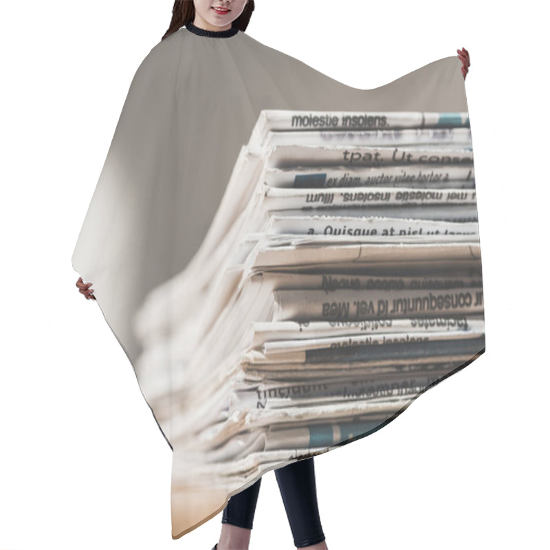 Personality  Selective Focus Of Different Print Newspapers In Pile On Wooden Table  Hair Cutting Cape