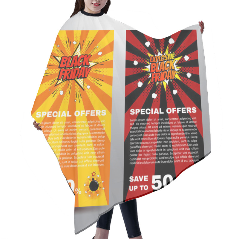 Personality  Pop Art Comic Black Friday Sale Discount Promotion Banners Vector Illustration Hair Cutting Cape