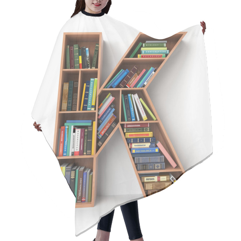 Personality  Letter K. Alphabet In The Form Of Shelves With Books Isolated On Hair Cutting Cape