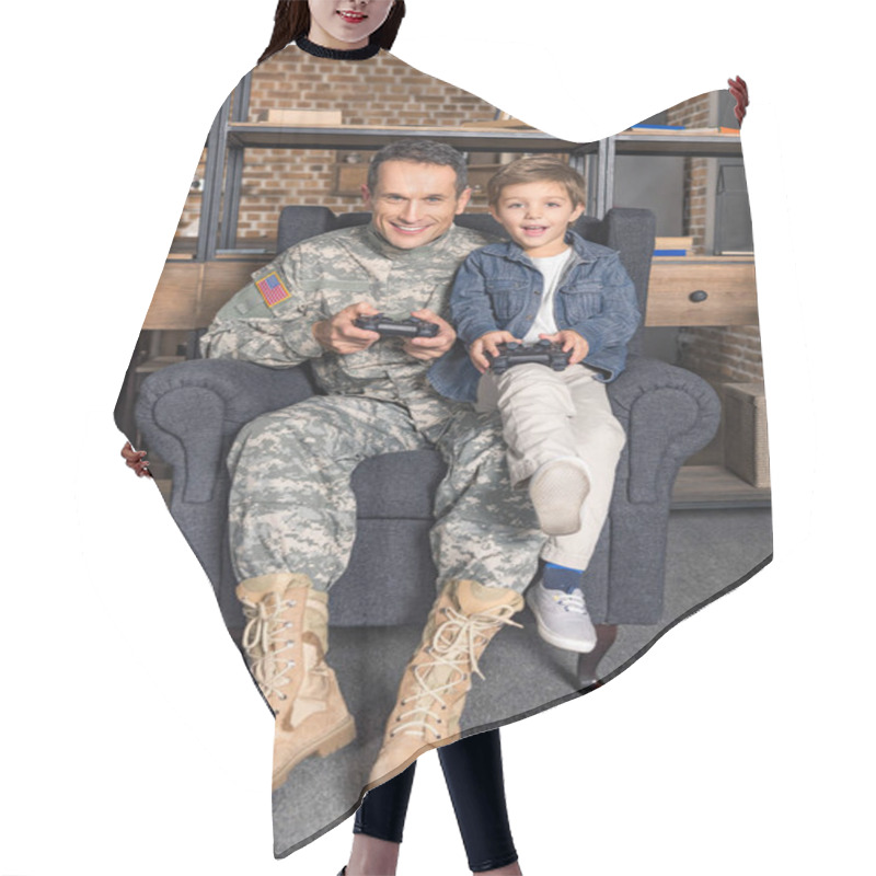 Personality  Father And Son Playing Console With Gamepads Hair Cutting Cape