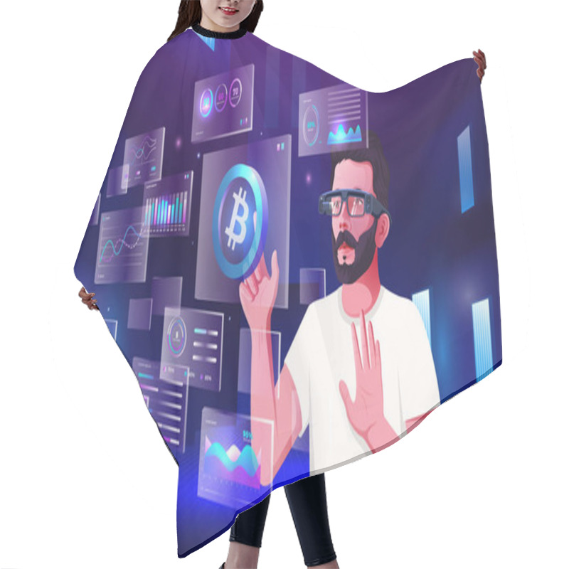 Personality  A Young Man Exploring And Visualizing The Cryptocurrency, NFTs, Blockchain, Infographics And Future Communication Concepts With Metaverse Digital Augmented Reality Technology -Vector Illustration Hair Cutting Cape