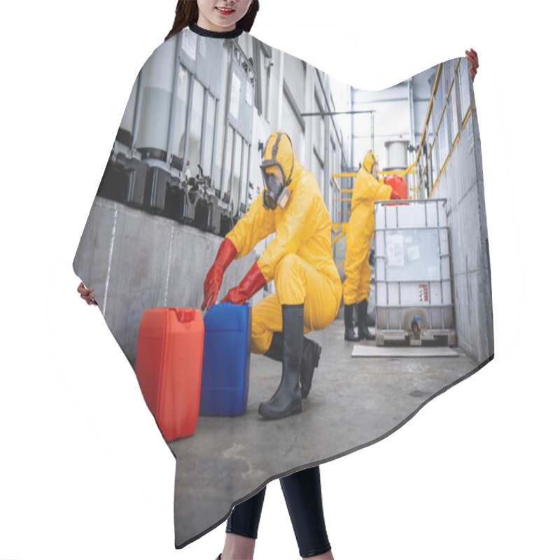 Personality  Workers In Zinc Galvanizing Production Plant Filling Canisters With Necessary Chemicals And Acids. Hair Cutting Cape