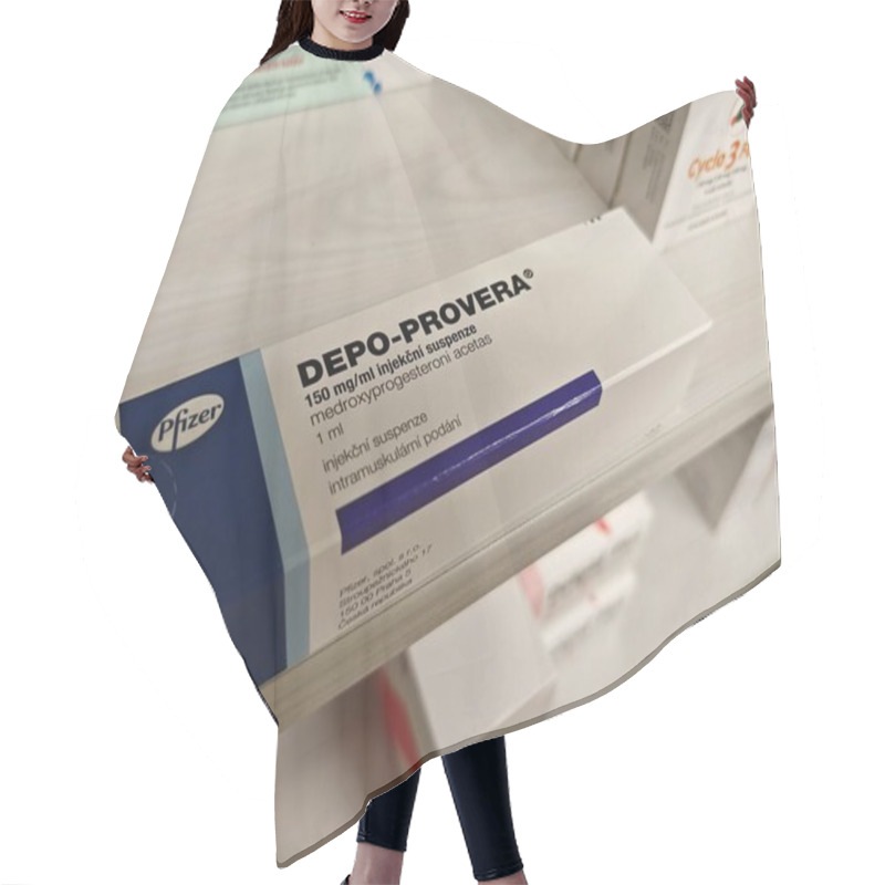 Personality  Prague, Czech Republic - July 9 2024: DEPO-PROVERA Box Of Medication With Medroxyprogesterone Acetate Active Substance By Pfizer, Used For Treatment Of Contraception, Menstrual Disorders, Endometriosi Hair Cutting Cape