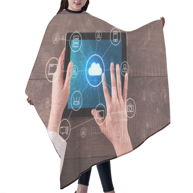 Personality  Hand Using Tablet With Centralized Cloud Computing System Concept Hair Cutting Cape