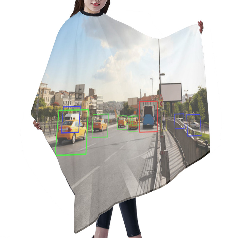 Personality  City Road With Scanner Frames On Cars Outdoors. Machine Learning Hair Cutting Cape