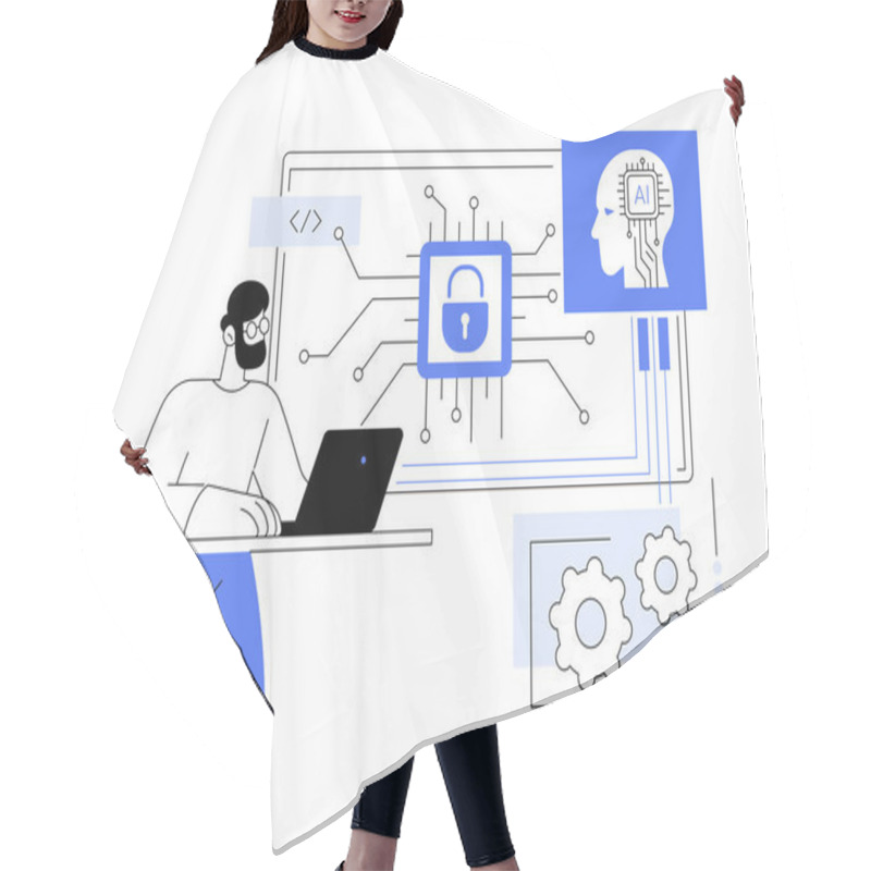 Personality  AI-Backed Security Patching Abstract Concept Vector Illustration. Cybersecurity. Automate The Application Of Security Patches And Updates With AI Algorithms. AI Technology. Abstract Metaphor. Hair Cutting Cape