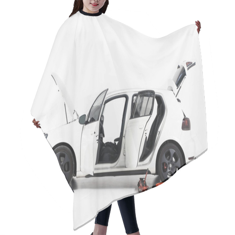 Personality  Side View Of Broken White Car With Open Doors And Open Hood On White Hair Cutting Cape