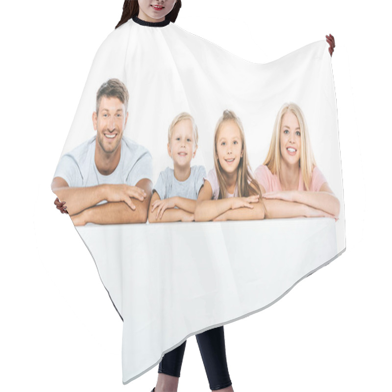 Personality  Happy Parents And Cute Kids Near Blank Placard Isolated On White Hair Cutting Cape