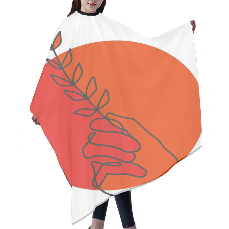 Personality  Sketch Of Female Hand Holding The Laurel Plant Stem On An Orange Background, Friend And Peace Concept Hair Cutting Cape