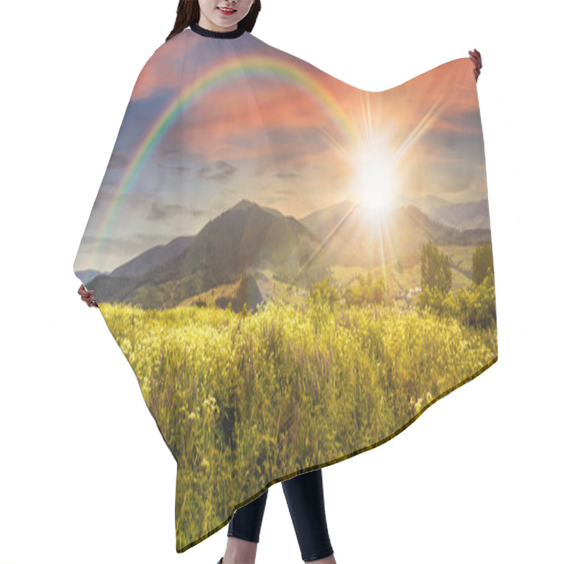 Personality  Meadow With Flowers In Mountains At Sunset Hair Cutting Cape