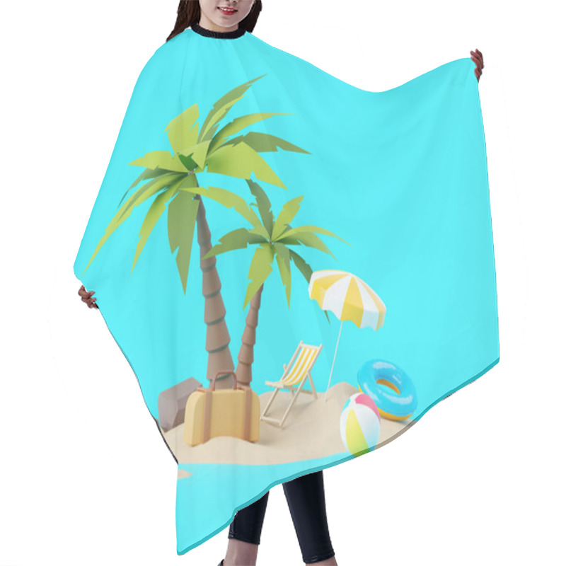 Personality  Summer Vacation Beach Abstract Background Concept, Minimal Realistic Display Podium For Product Mock-up Or Cosmetics With Summer Theme, Beach Umbrella, Sand, Chairs, Inflatable Ring. 3d Rendering Hair Cutting Cape