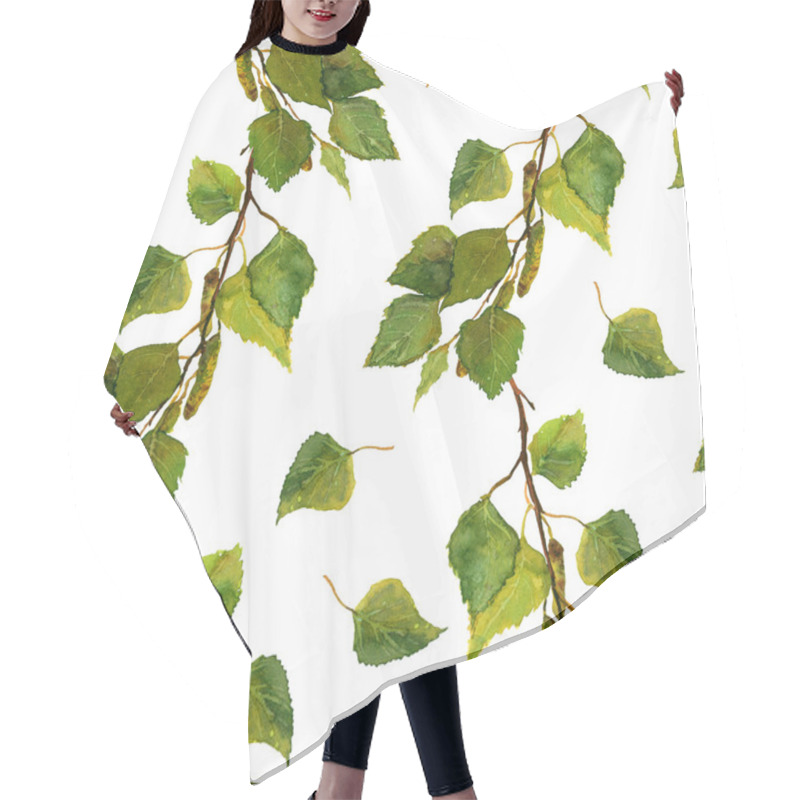 Personality  White Seamless Wallpaper With Green Leaves Of Birch Branches Hair Cutting Cape