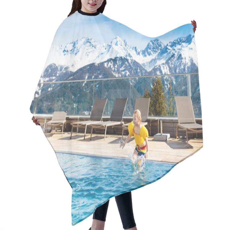 Personality  Child In Outdoor Swimming Pool Of Alpine Resort Hair Cutting Cape