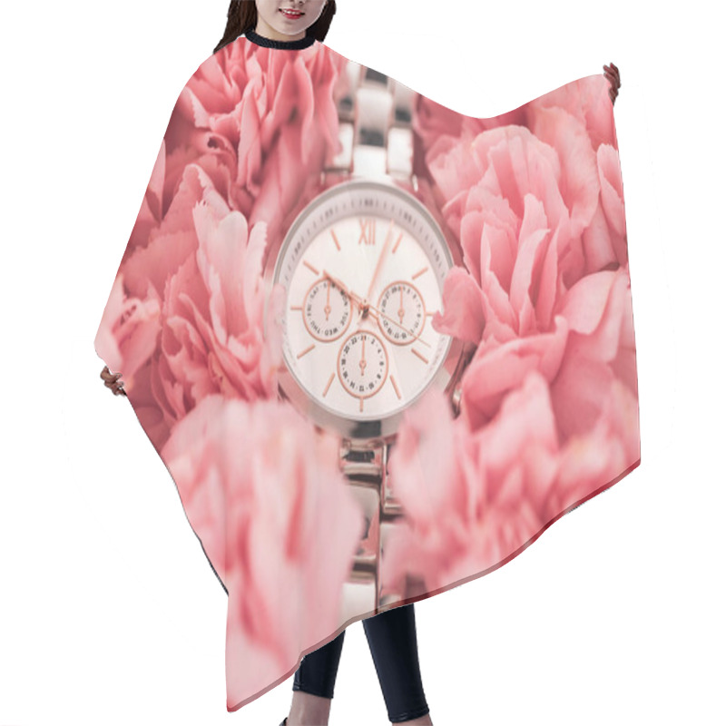 Personality  Elegant Wristwatch Lying On Blooming Pink Carnations Hair Cutting Cape