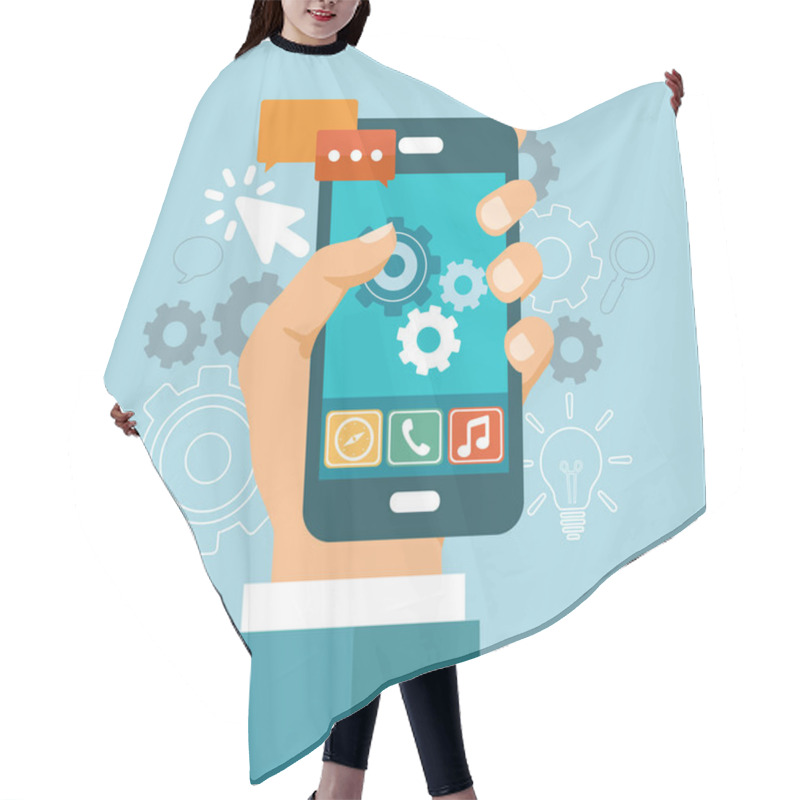 Personality  Application Development Icon. Concept To Building Successful Business. Mobile Phone And Gears On The Screen. Flat Vector Illustration Hair Cutting Cape