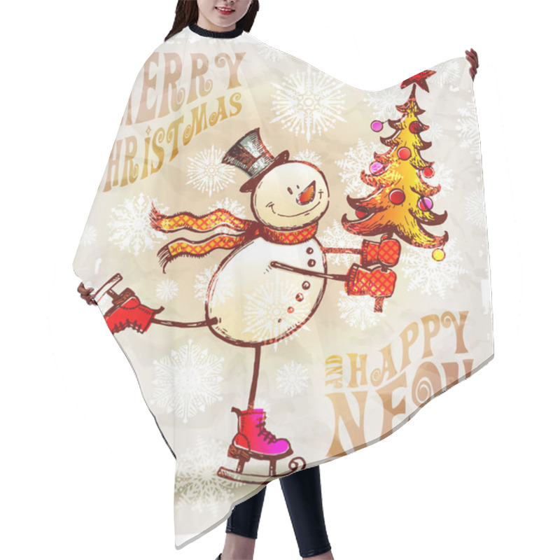 Personality  Skating Happy Snowman With Christmas Tree Hair Cutting Cape