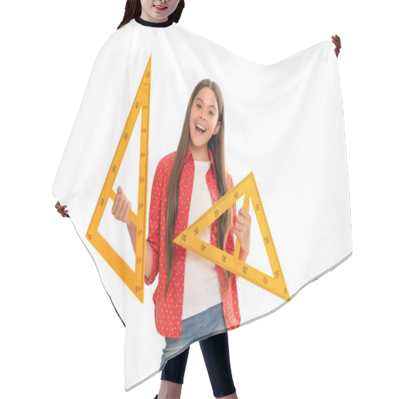 Personality  Amazed Teen Girl Hold Triangle Ruler Measuring Angle Degree At School Isolated On White, School Hair Cutting Cape