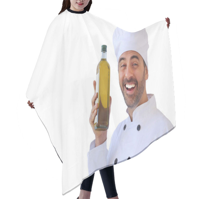 Personality  Laughing Chef Holding Up A Bottle Of Olive Oil Hair Cutting Cape