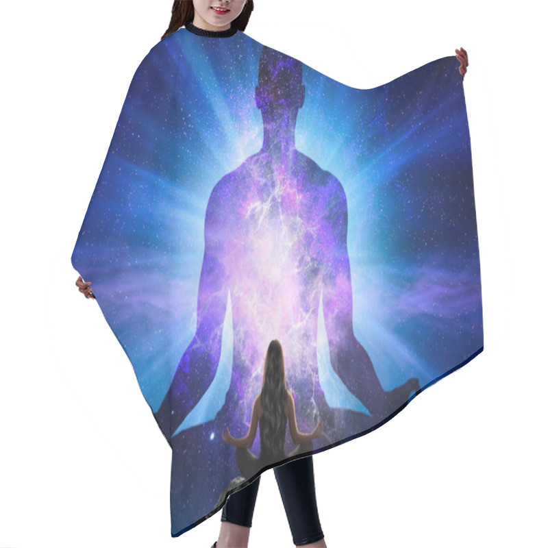 Personality  Woman Doing Yoga In Front Of Giant Silhouette Of Man With Universe Hair Cutting Cape