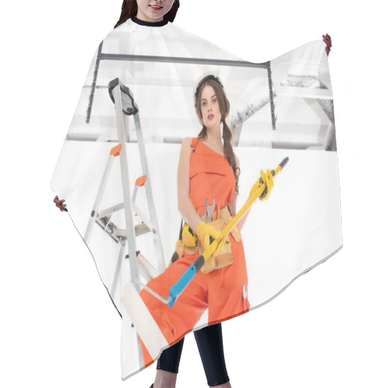 Personality  Beautiful Workwoman In Overalls Holding Painting Roller And Standing On Ladder Hair Cutting Cape