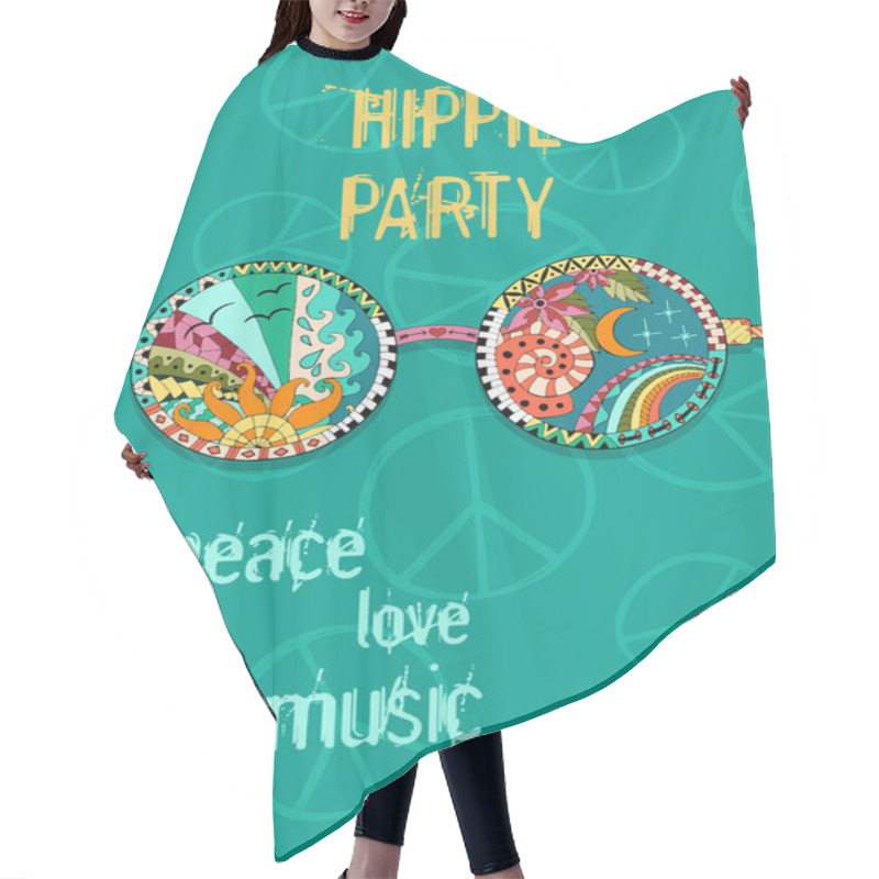 Personality  Hippie Party Poster. Hippy Background With Sun Glasses. Hair Cutting Cape