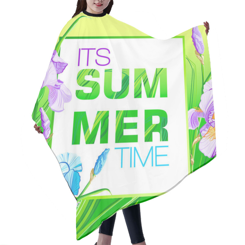 Personality  Summer Time Banner With Blue And Purple Flowers, Flower Iris Design For Banner, Flyer, Invitation, Poster, Placard, Web Site Or Greeting Card.  Hair Cutting Cape