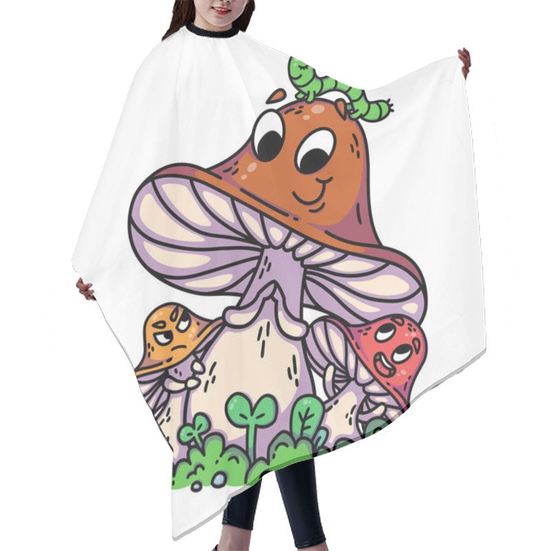 Personality  Cute Cartoon Mushrooms On Green Grass With Caterpillar. Hair Cutting Cape