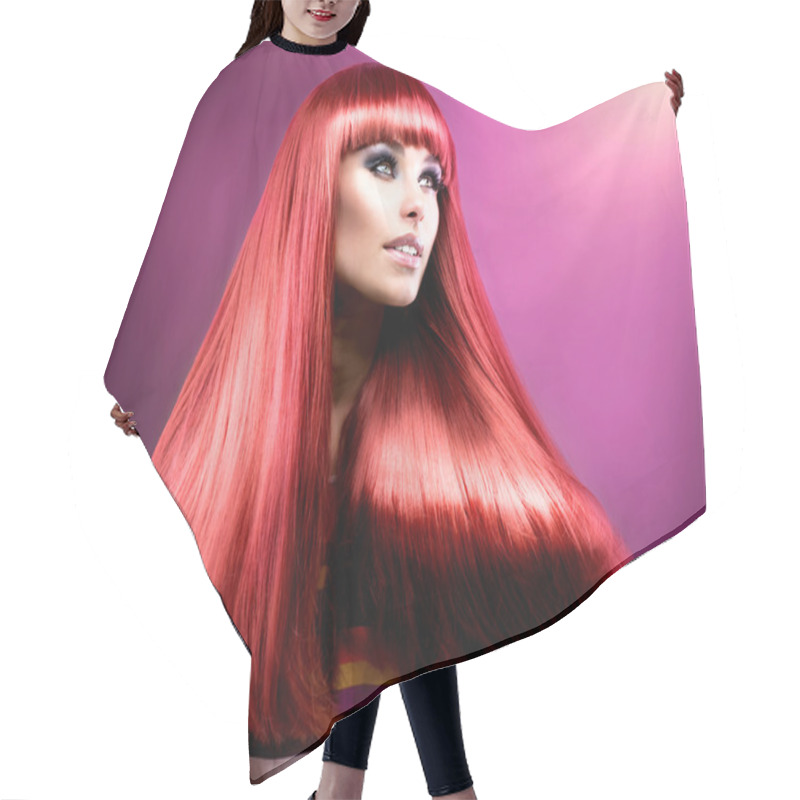 Personality  Healthy Straight Long Red Hair. Fashion Beauty Model Hair Cutting Cape