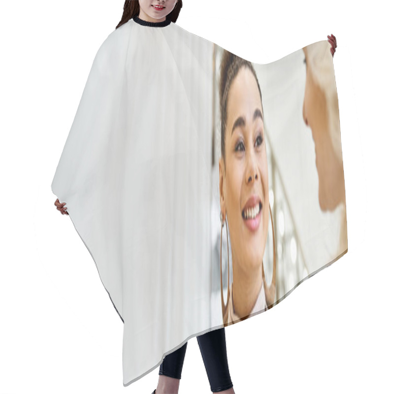 Personality  A Bride And Shop Assistant Stand In Front Of Each Other, Admiring A Wedding Gown. Hair Cutting Cape