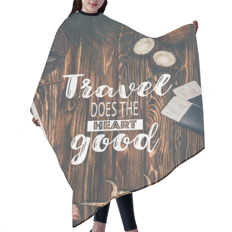 Personality  Top View Of Frame Made Of Digital Tablet With Flight Tickets And Travel Attributes On Wooden Surface, Travel Does Heart Good Inscription Hair Cutting Cape