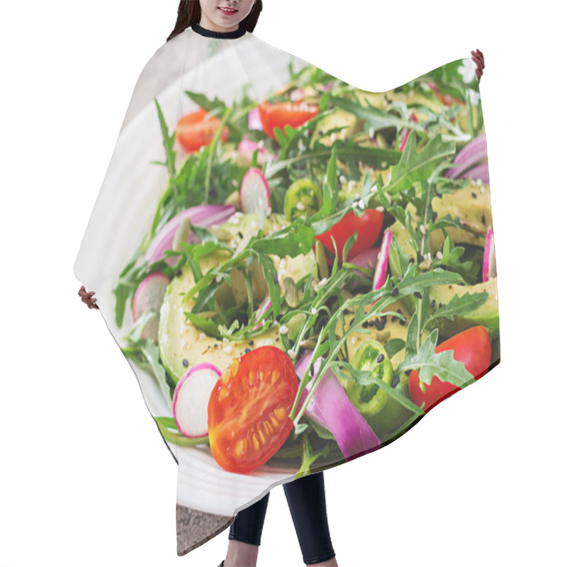 Personality  Diet Menu. Healthy Salad Of Fresh Vegetables - Tomatoes, Avocado, Arugula, Radish And Seeds On A Bowl. Vegan Food. Hair Cutting Cape